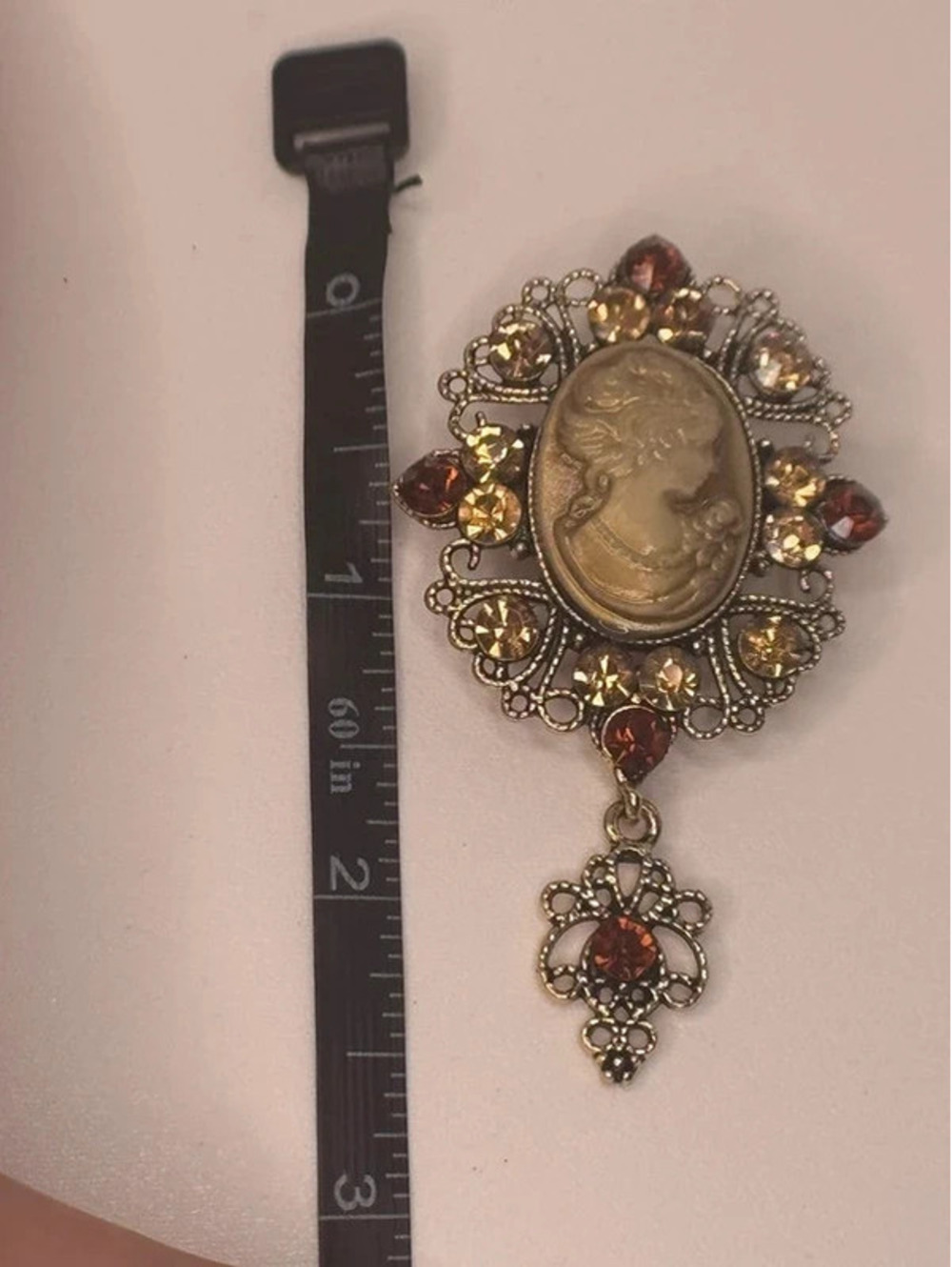 Victorian Revival cameo style brooch rhinestone dangle ornate gold tone pin